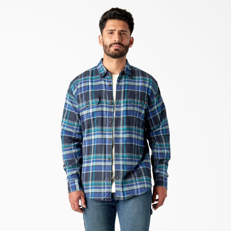 Blue Men\'s Dickies FLEX Long Sleeve Flannel Shirt | VLE873540