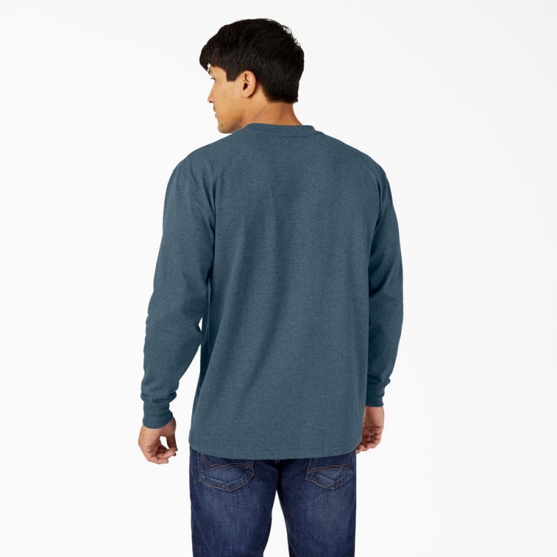 Blue Men's Dickies Heavyweight Heathered Long Sleeve Pocket T-Shirt | BPW028397