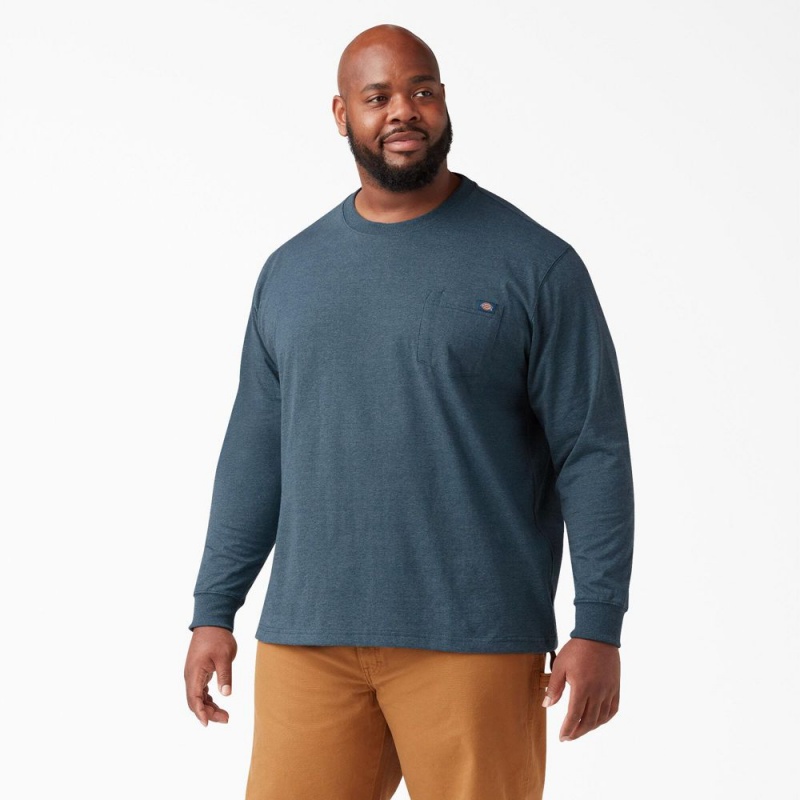 Blue Men's Dickies Heavyweight Heathered Long Sleeve Pocket T-Shirt | BPW028397