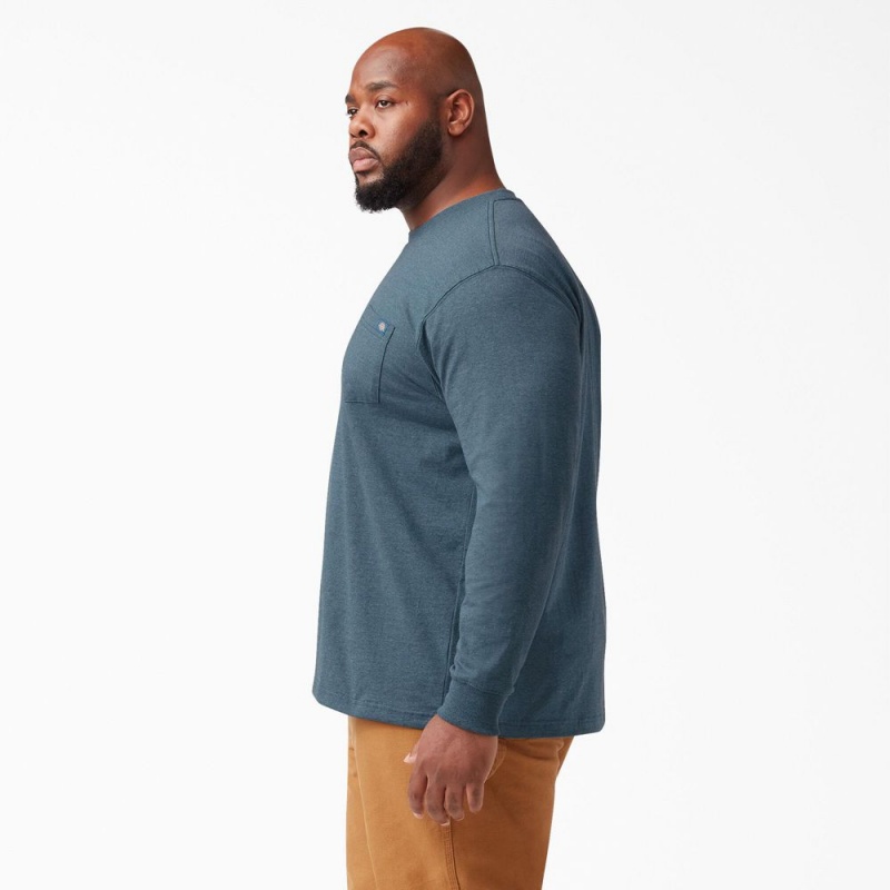 Blue Men's Dickies Heavyweight Heathered Long Sleeve Pocket T-Shirt | BPW028397