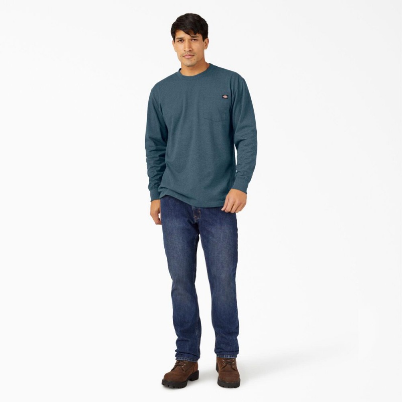 Blue Men's Dickies Heavyweight Heathered Long Sleeve Pocket T-Shirt | BPW028397