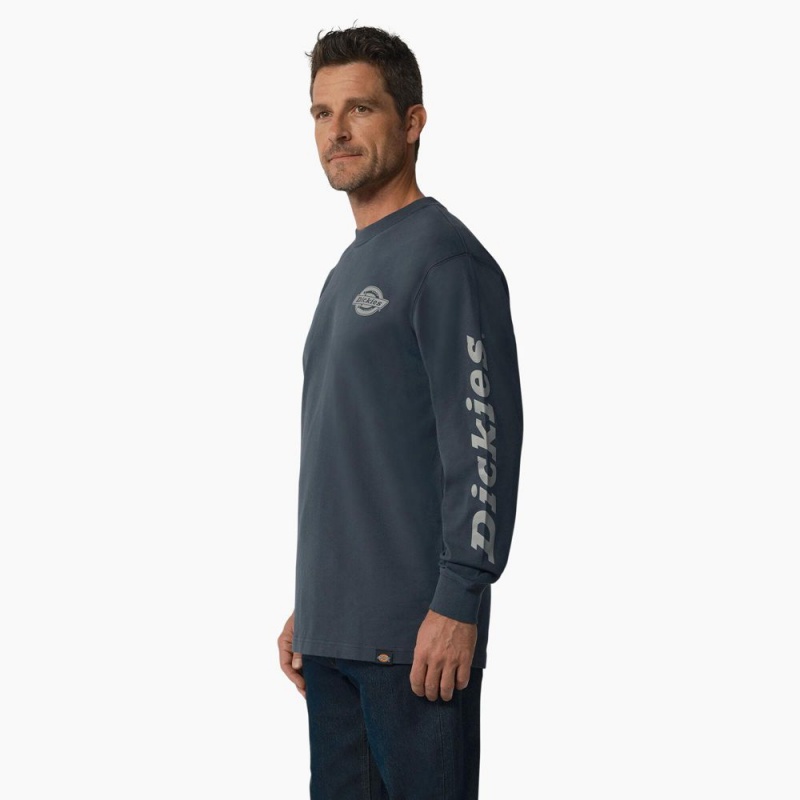 Blue Men's Dickies Long Sleeve Heavyweight Logo T-Shirt | GQF924167