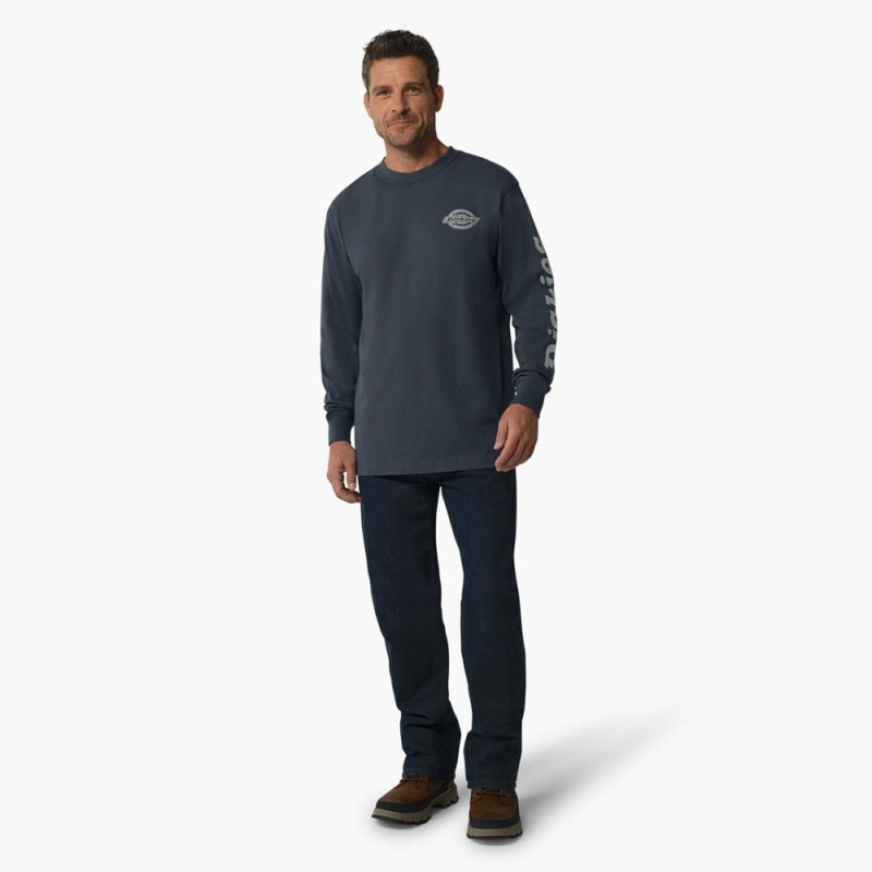 Blue Men's Dickies Long Sleeve Heavyweight Logo T-Shirt | GQF924167