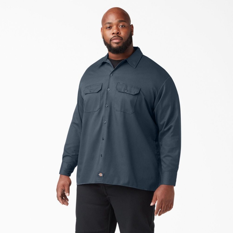 Blue Men's Dickies Long Sleeve Work Shirts | TCA928174