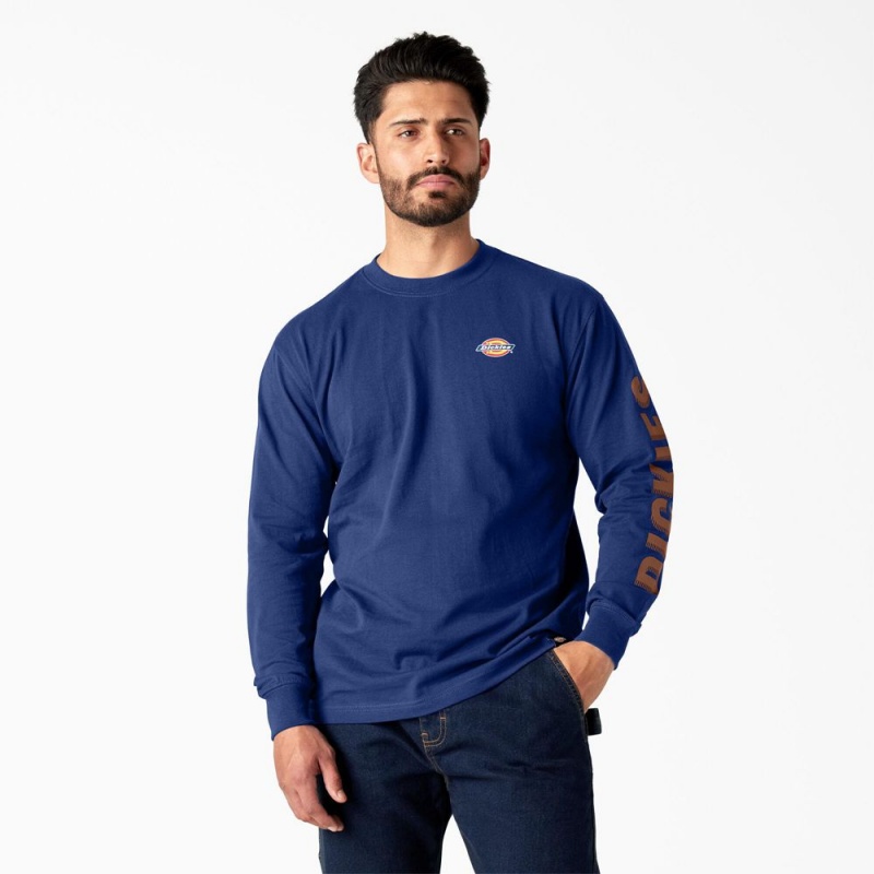 Blue Men\'s Dickies Long Sleeve Workwear Graphic T-Shirt | WJX701693