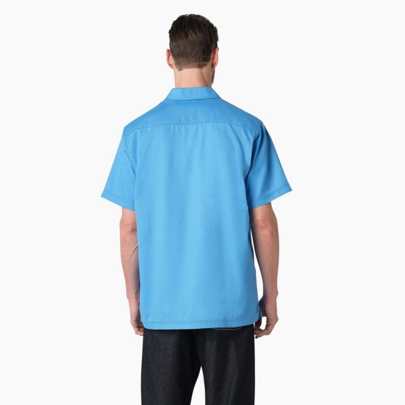 Blue Men's Dickies Madras Short Sleeve Work Shirts | EOJ396802