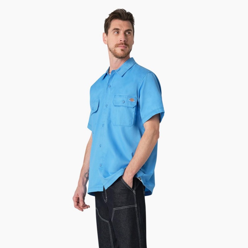 Blue Men's Dickies Madras Short Sleeve Work Shirts | EOJ396802