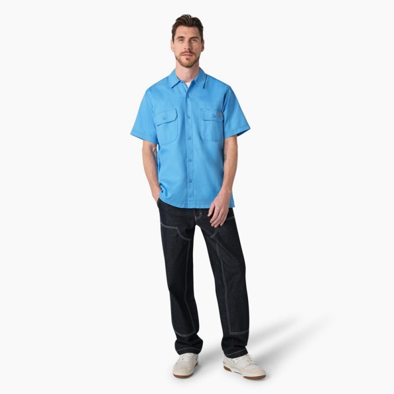 Blue Men's Dickies Madras Short Sleeve Work Shirts | EOJ396802