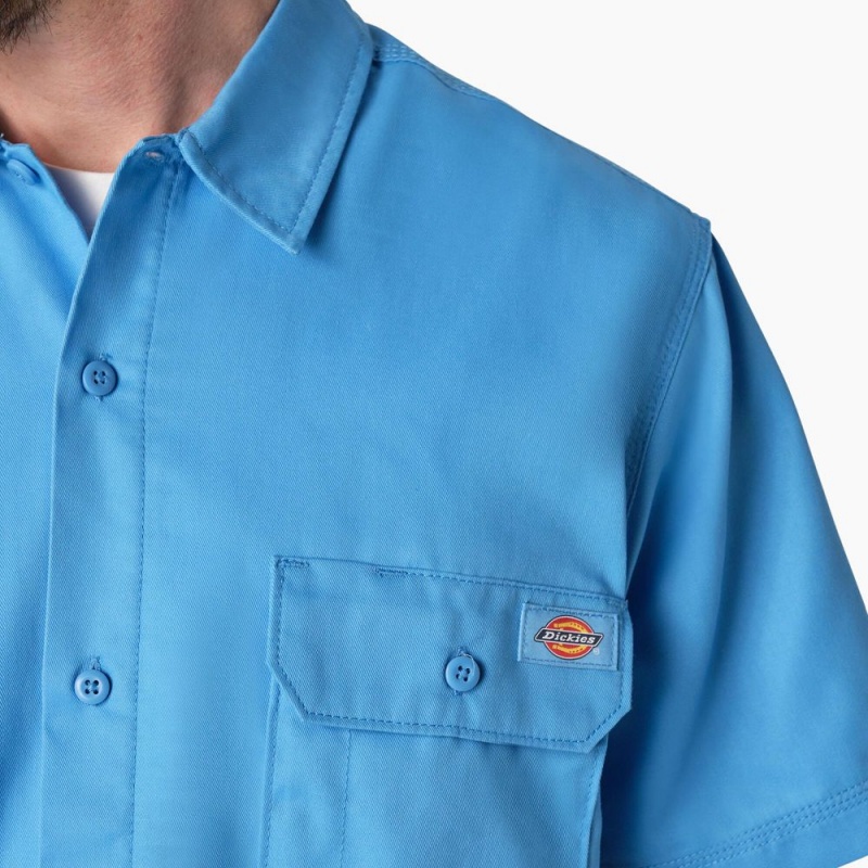 Blue Men's Dickies Madras Short Sleeve Work Shirts | EOJ396802