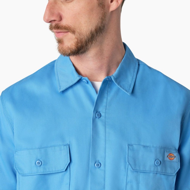 Blue Men's Dickies Madras Short Sleeve Work Shirts | EOJ396802