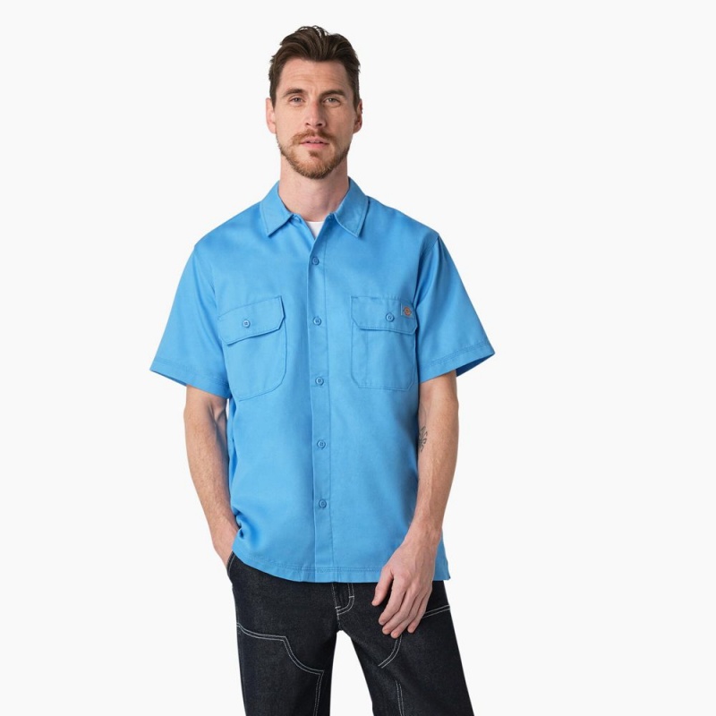 Blue Men\'s Dickies Madras Short Sleeve Work Shirts | EOJ396802