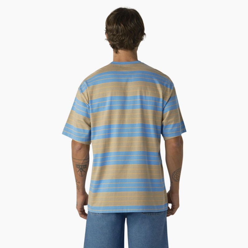 Blue Men's Dickies Relaxed Fit Striped Pocket T-Shirt | MGK469021