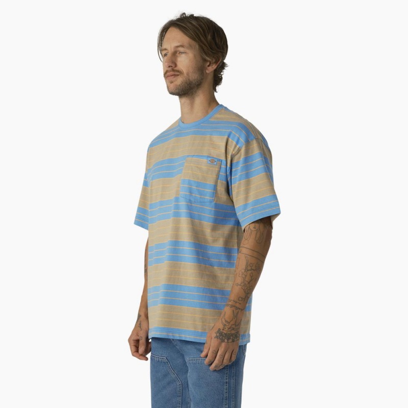 Blue Men's Dickies Relaxed Fit Striped Pocket T-Shirt | MGK469021