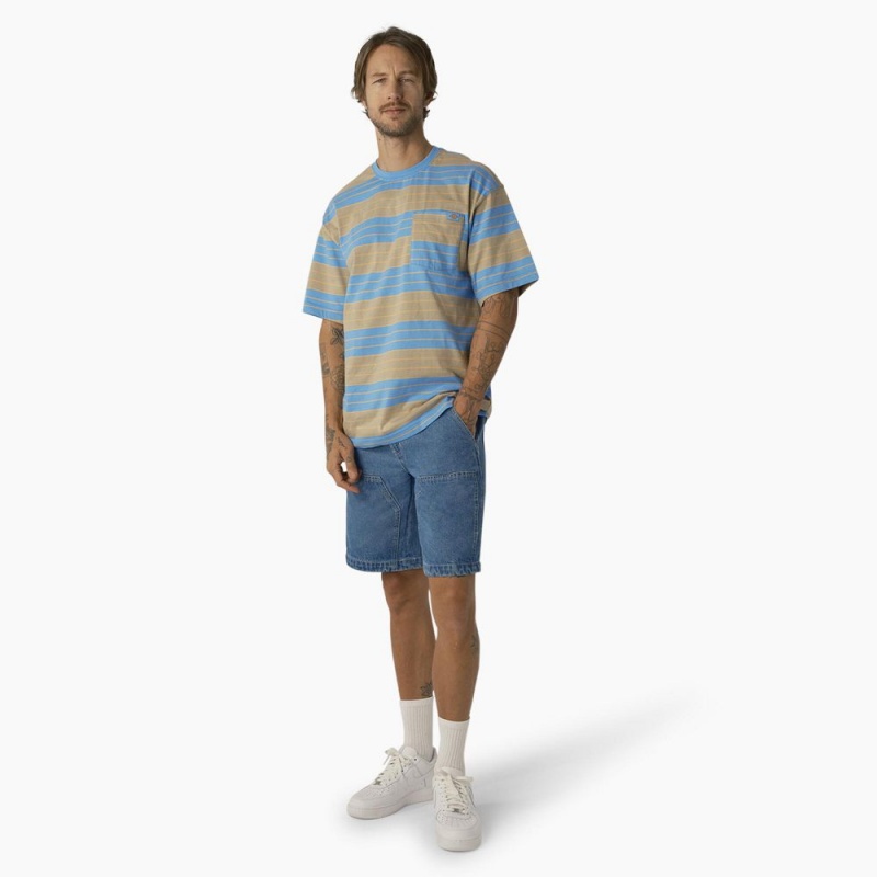 Blue Men's Dickies Relaxed Fit Striped Pocket T-Shirt | MGK469021