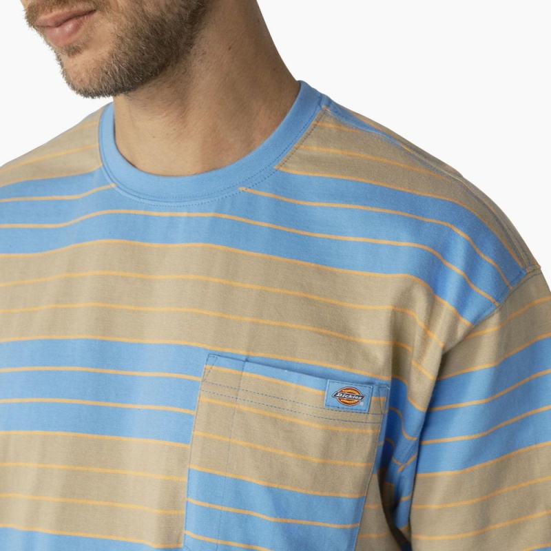 Blue Men's Dickies Relaxed Fit Striped Pocket T-Shirt | MGK469021