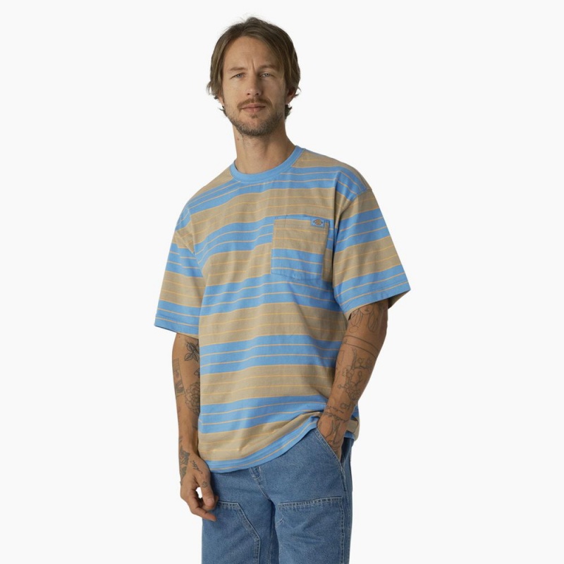 Blue Men\'s Dickies Relaxed Fit Striped Pocket T-Shirt | MGK469021