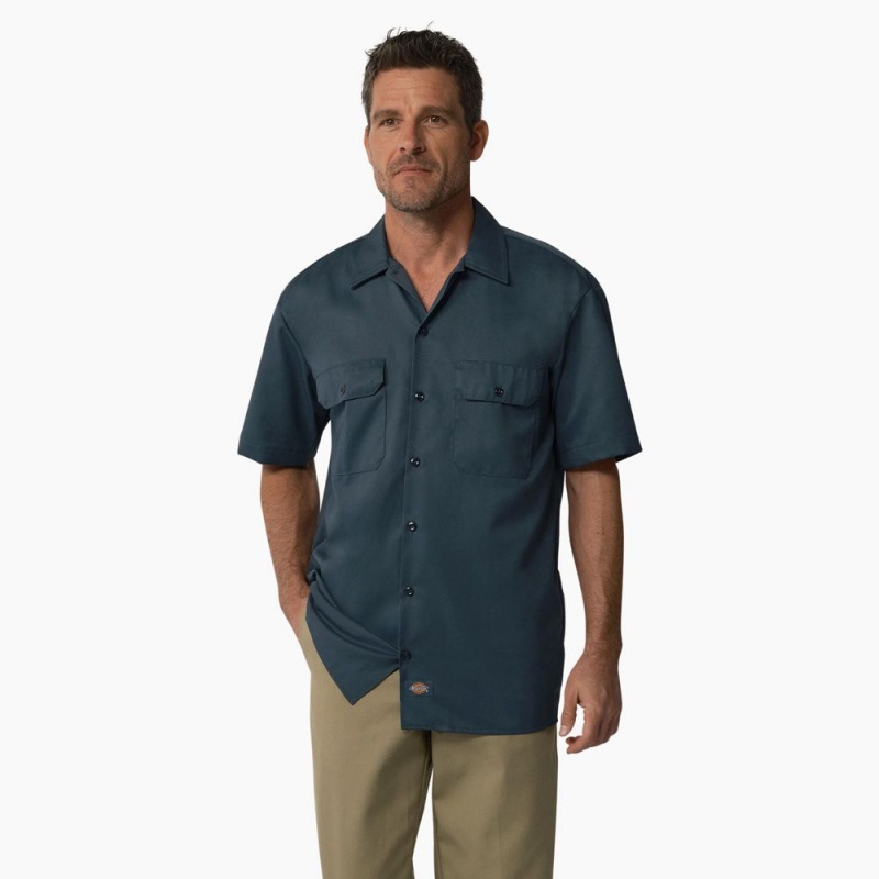 Blue Men\'s Dickies Short Sleeve Work Shirts | ELK586012