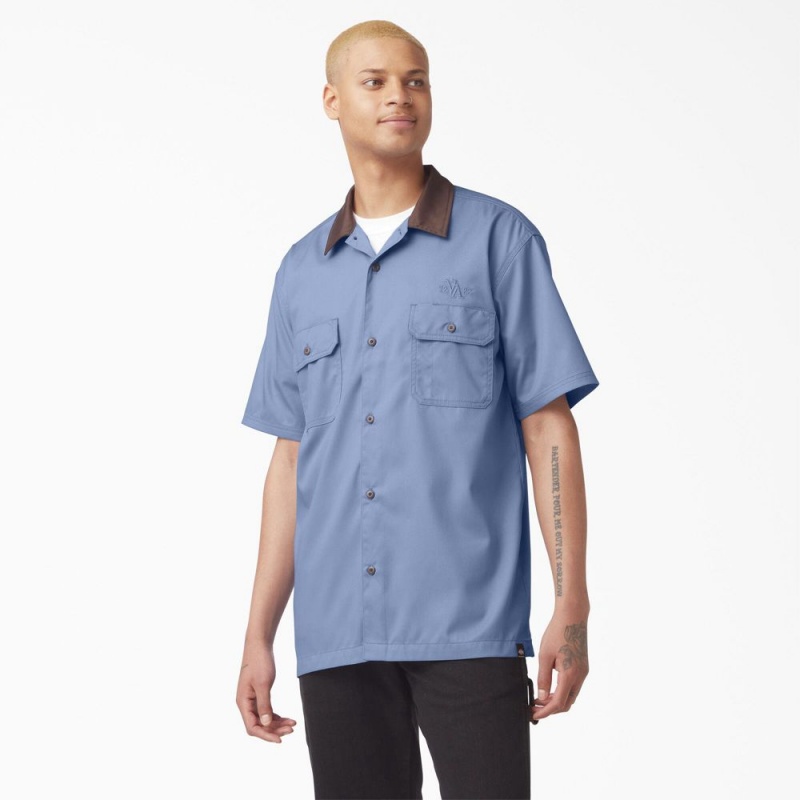 Blue Men\'s Dickies Vincent Alvarez Block Collar Work Shirts | NDC230968