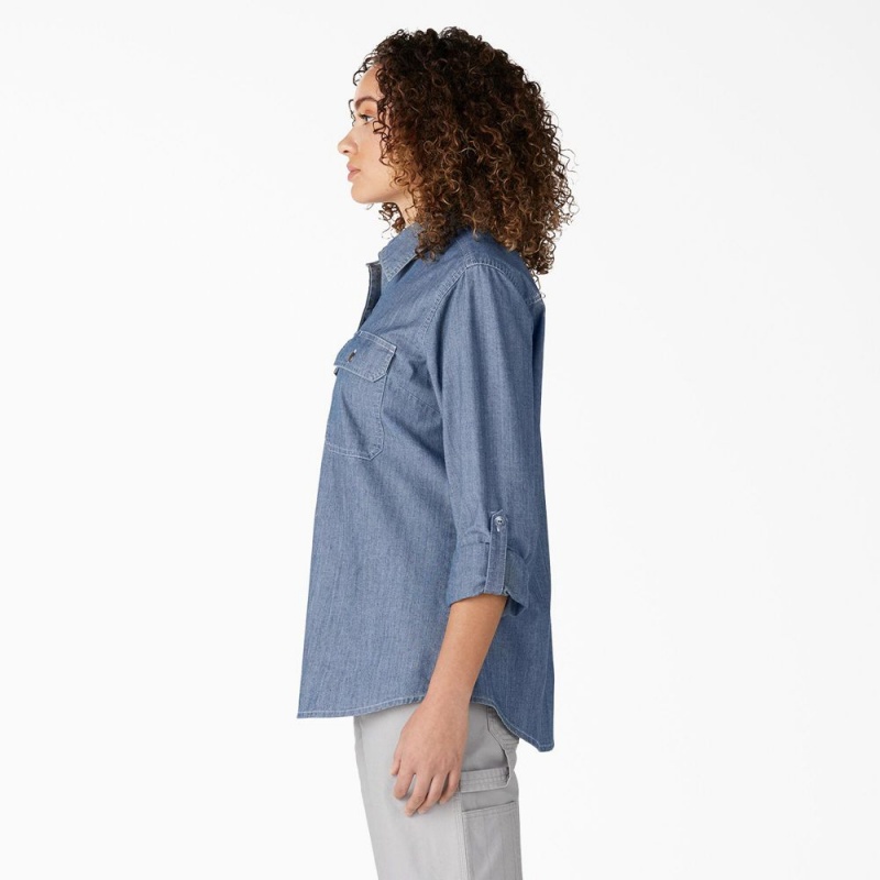 Blue Women's Dickies Chambray Roll-Tab Work Shirts | HRD269017