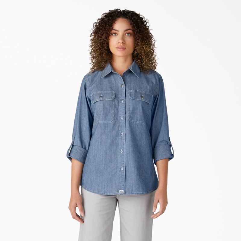 Blue Women\'s Dickies Chambray Roll-Tab Work Shirts | HRD269017