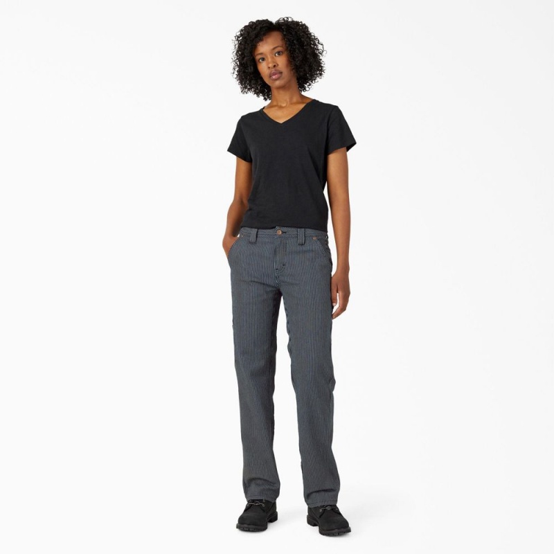 Blue Women's Dickies FLEX Relaxed Fit Hickory Stripe Carpenter Pants | CNT831724