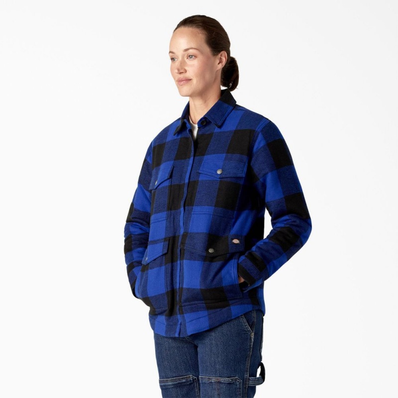 Blue Women's Dickies Flannel High Pile Fleece Lined Chore Coat Jacket | UDC253178