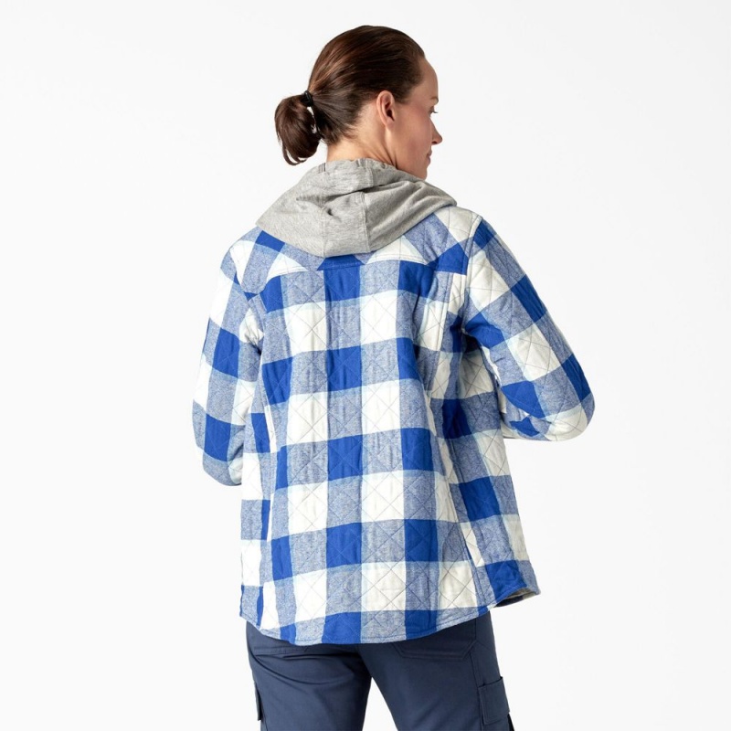 Blue Women's Dickies Flannel Hooded Shirt Jacket | MTR064192