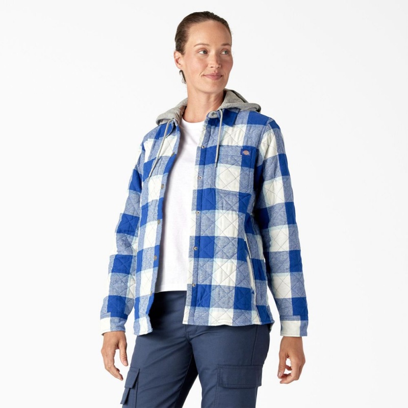 Blue Women's Dickies Flannel Hooded Shirt Jacket | MTR064192