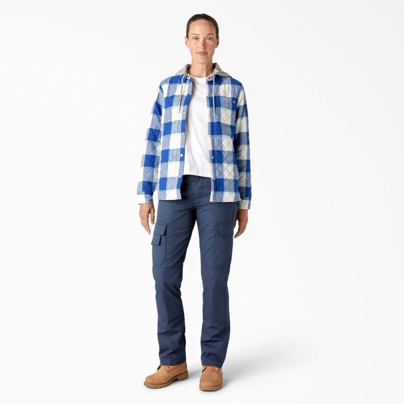 Blue Women's Dickies Flannel Hooded Shirt Jacket | MTR064192