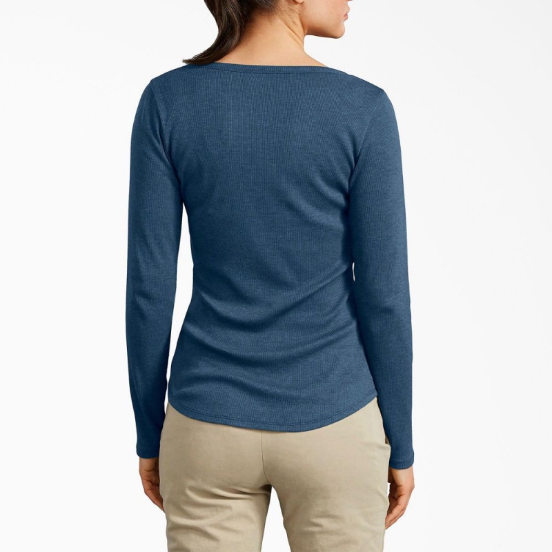 Blue Women's Dickies Henley Long Sleeve T-Shirt | KXE247165