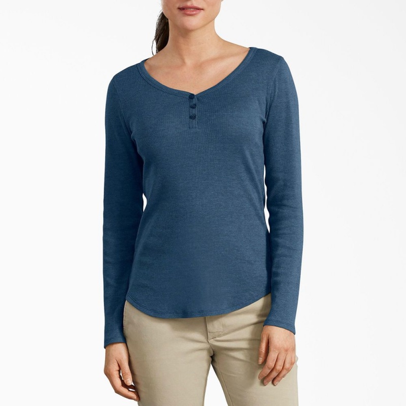 Blue Women\'s Dickies Henley Long Sleeve T-Shirt | KXE247165