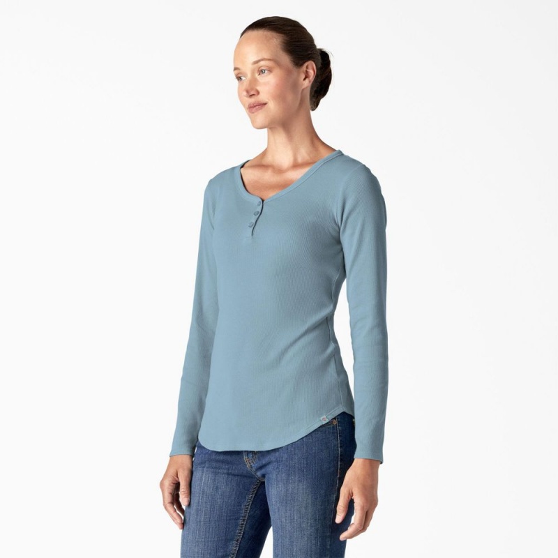 Blue Women's Dickies Henley Long Sleeve T-Shirt | MFY305724