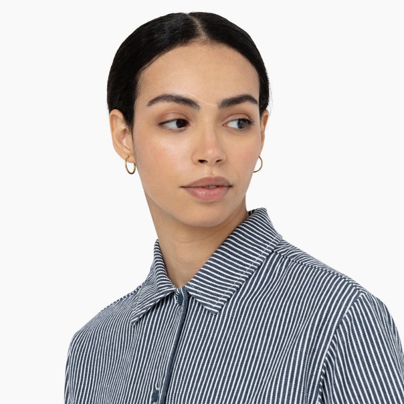 Blue Women's Dickies Hickory Stripe Cropped Work Shirts | KHQ975826