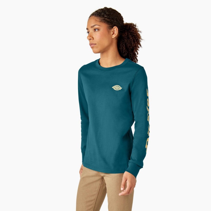 Blue Women's Dickies Long Sleeve Heavyweight Graphic T-Shirt | ORE874130