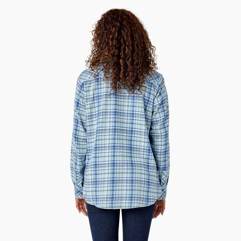 Blue Women's Dickies Plaid Flannel Long Sleeve Shirt | DVS937418