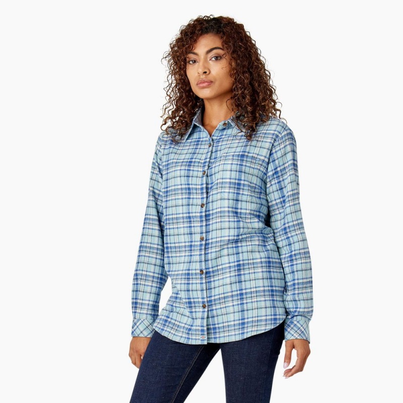 Blue Women's Dickies Plaid Flannel Long Sleeve Shirt | DVS937418