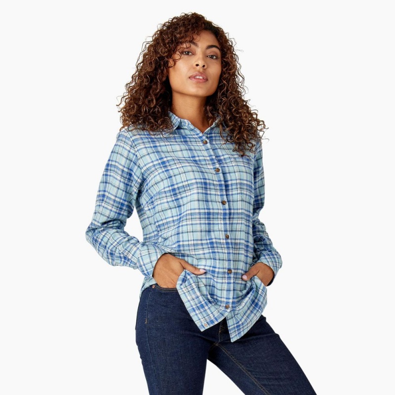 Blue Women's Dickies Plaid Flannel Long Sleeve Shirt | DVS937418