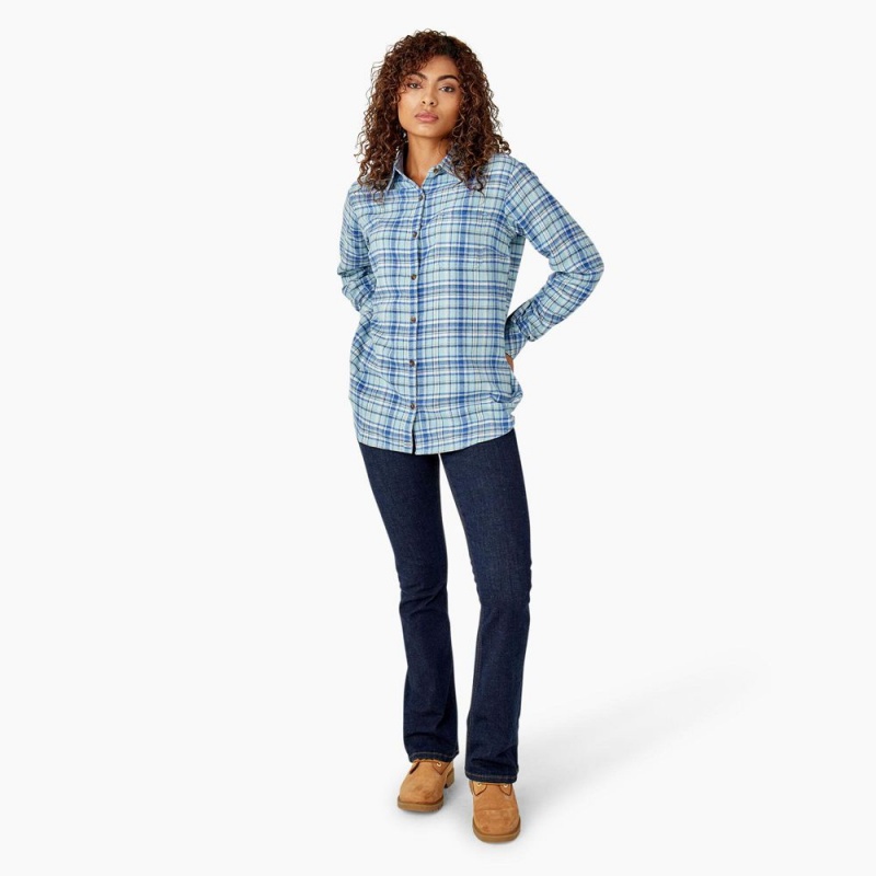 Blue Women's Dickies Plaid Flannel Long Sleeve Shirt | DVS937418