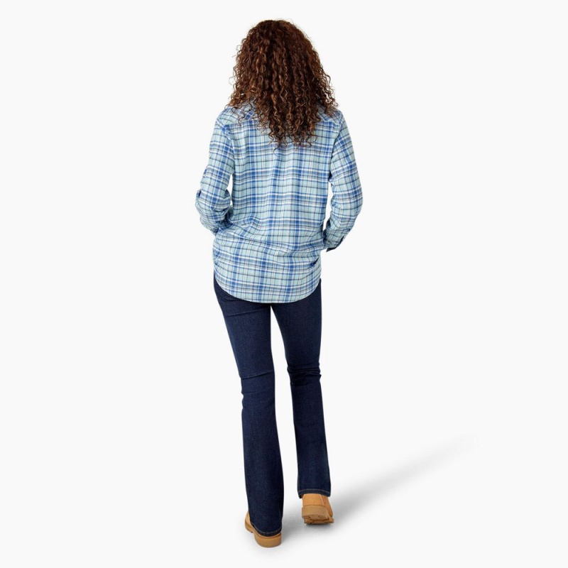 Blue Women's Dickies Plaid Flannel Long Sleeve Shirt | DVS937418