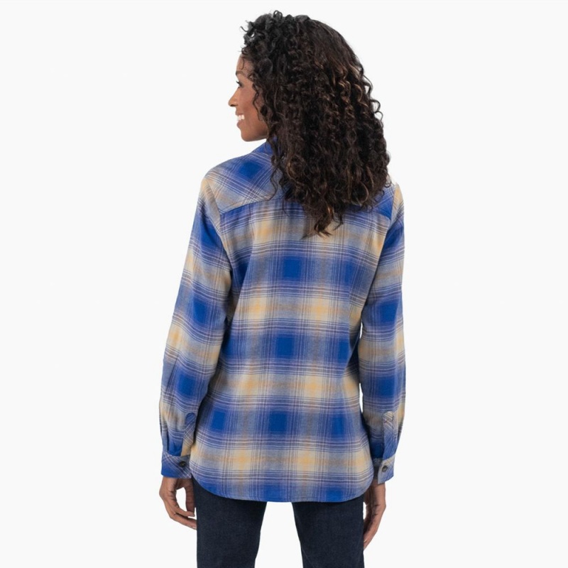 Blue Women's Dickies Plaid Flannel Long Sleeve Shirt | IBS380725