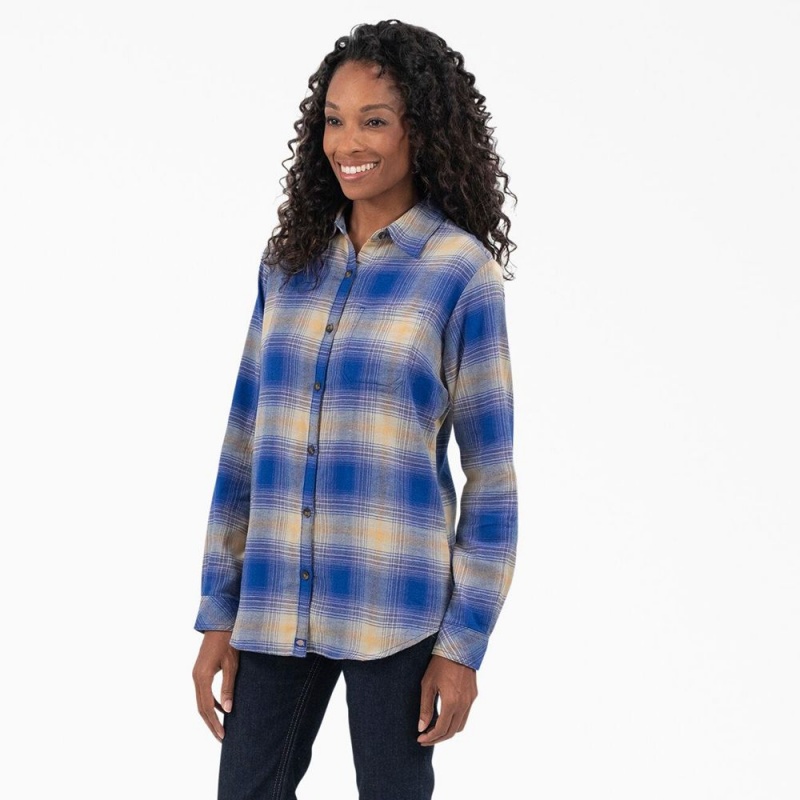 Blue Women's Dickies Plaid Flannel Long Sleeve Shirt | IBS380725