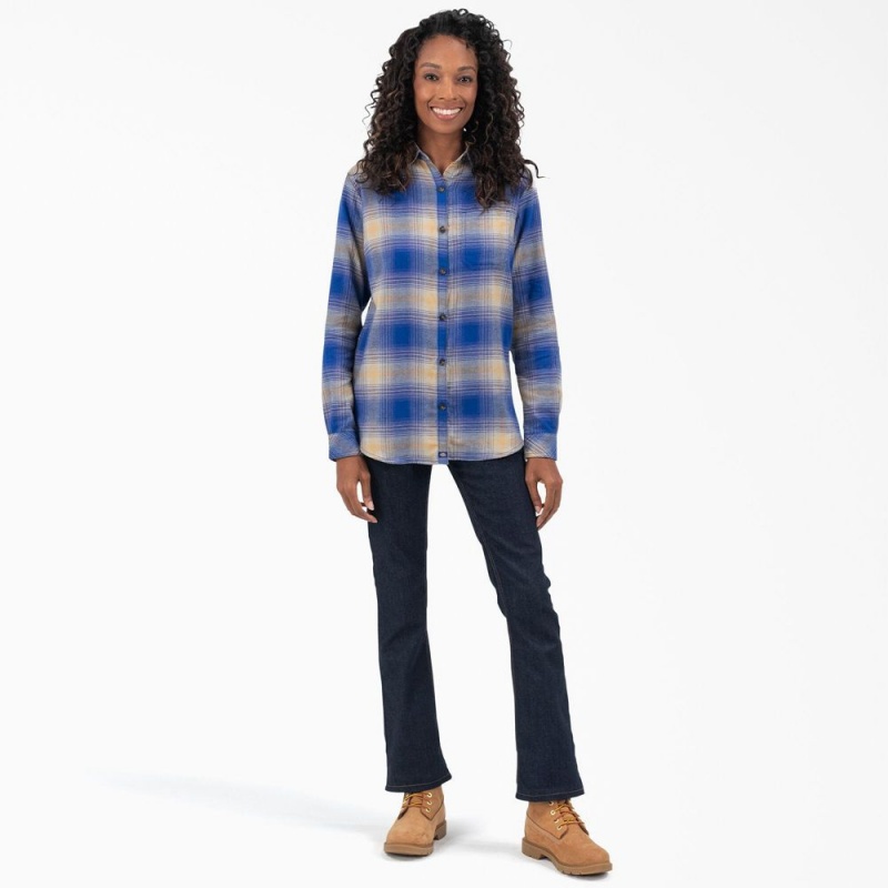 Blue Women's Dickies Plaid Flannel Long Sleeve Shirt | IBS380725