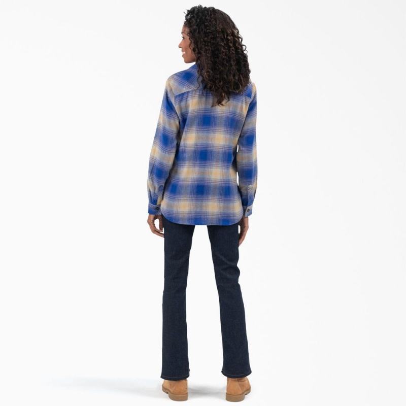 Blue Women's Dickies Plaid Flannel Long Sleeve Shirt | IBS380725