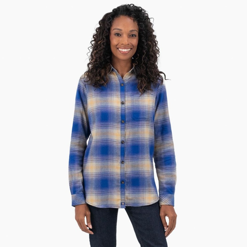 Blue Women\'s Dickies Plaid Flannel Long Sleeve Shirt | IBS380725