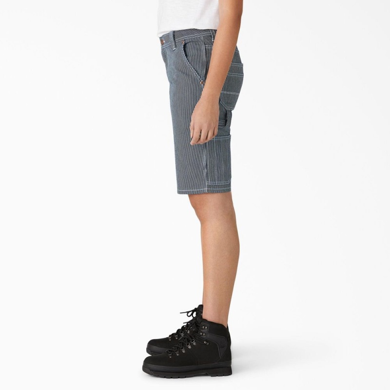 Blue Women's Dickies Relaxed Fit Hickory Stripe Carpenter Shorts | FTP749623