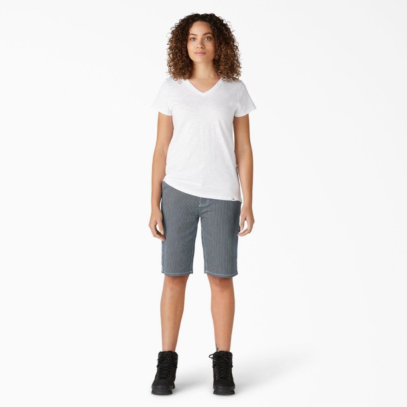 Blue Women's Dickies Relaxed Fit Hickory Stripe Carpenter Shorts | FTP749623