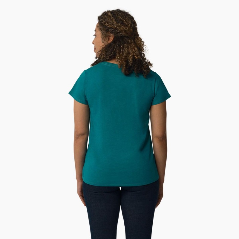 Blue Women's Dickies Short Sleeve V-Neck T-Shirt | BUJ709612