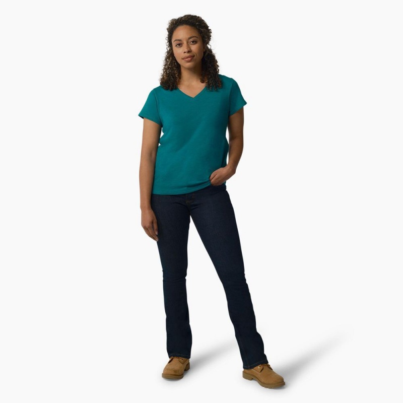 Blue Women's Dickies Short Sleeve V-Neck T-Shirt | BUJ709612