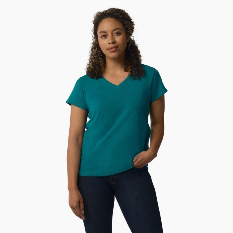 Blue Women\'s Dickies Short Sleeve V-Neck T-Shirt | BUJ709612