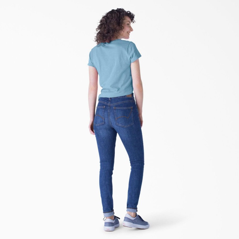 Blue Women's Dickies Short Sleeve V-Neck T-Shirt | SPR746921